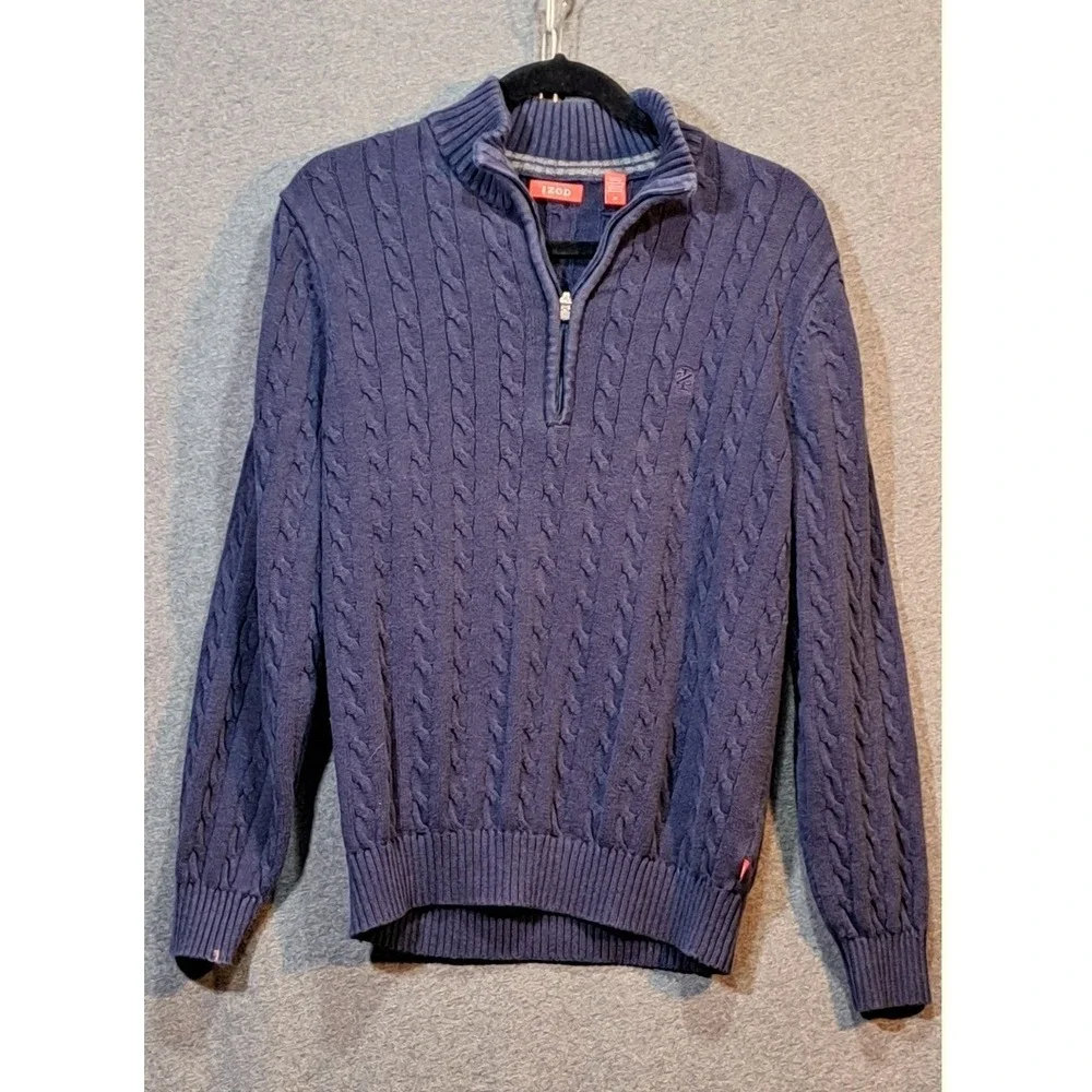 IZOD‎ Mens Navy Blue Cable Knit 1/4 Zip Sweater Size Medium Cotton